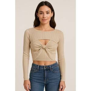 New POL Beige Ribbed Long Sleeve Crop Top Soft Knit Small